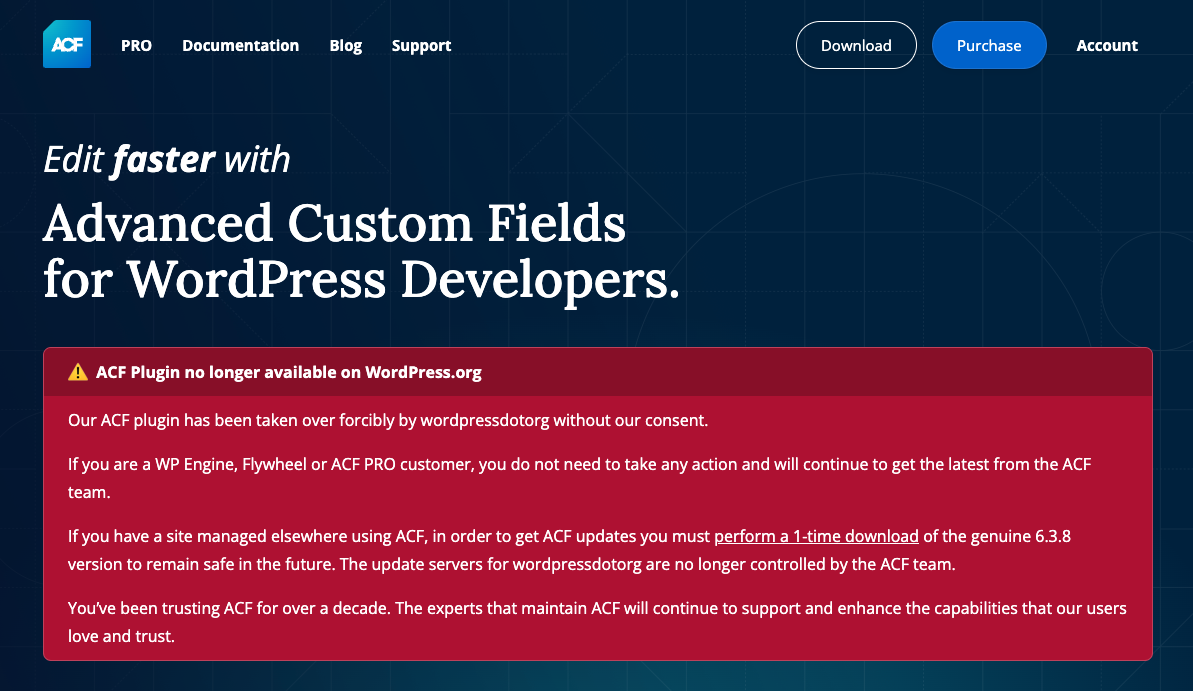 Wordpress.org hostile takeover of ACF plugin