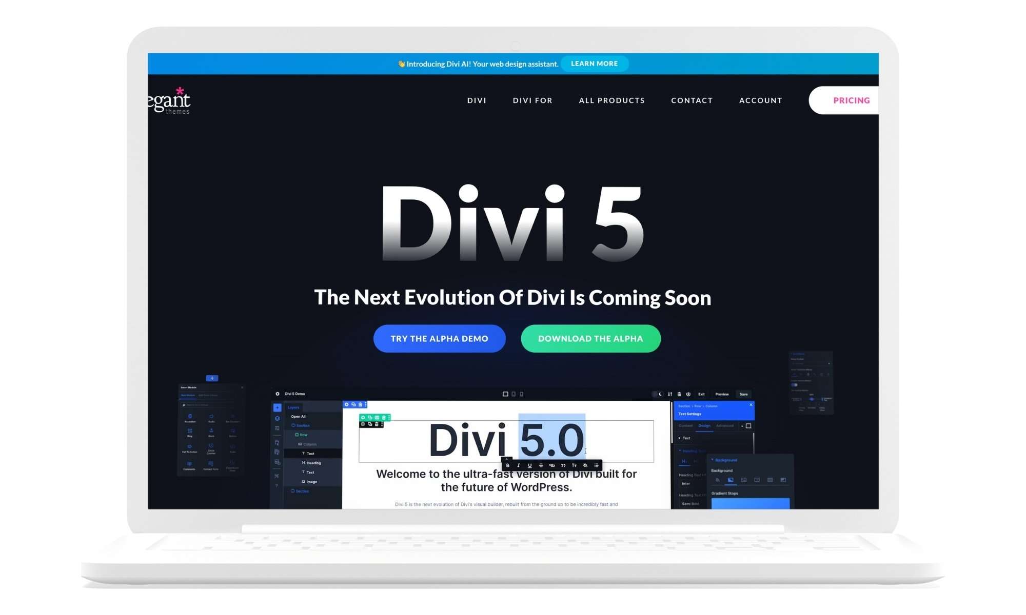 Divi 5 is Coming Soon: What You Need to Know | Westco Web Design Divi 5 landing page laptop mockup