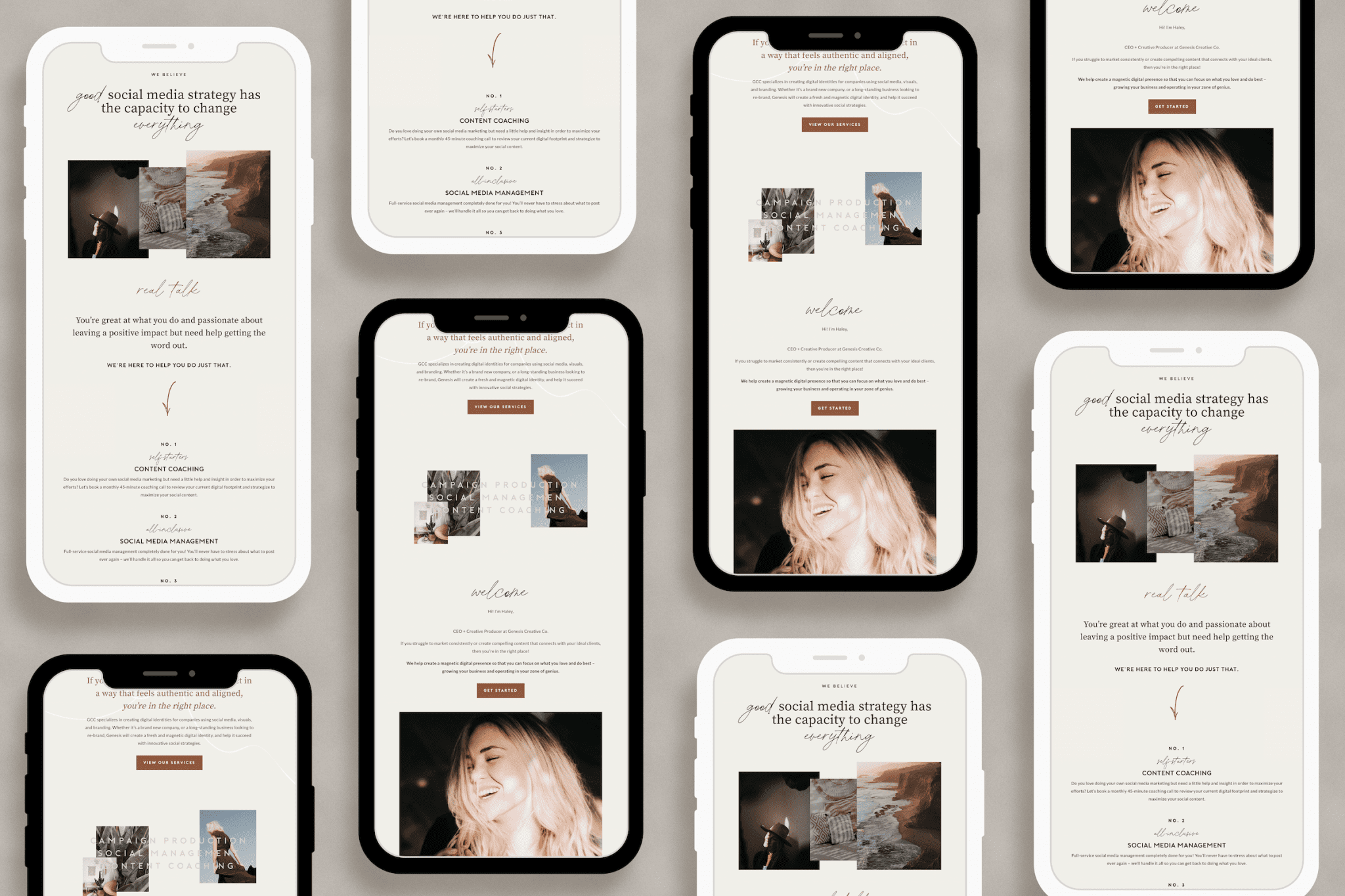 Case Study: Website Design for a Social Media Strategist | Westco Web Design Mobile and tablet mockups of the homepage and service pages from a custom WordPress site for a creative entrepreneur.