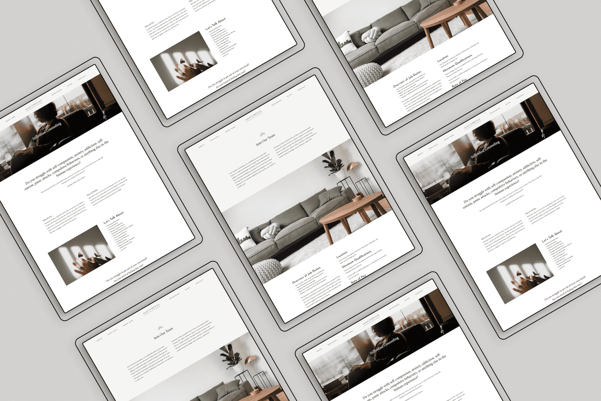 Therapist website homepage design for Inner Compass Counseling with calming neutral tones.