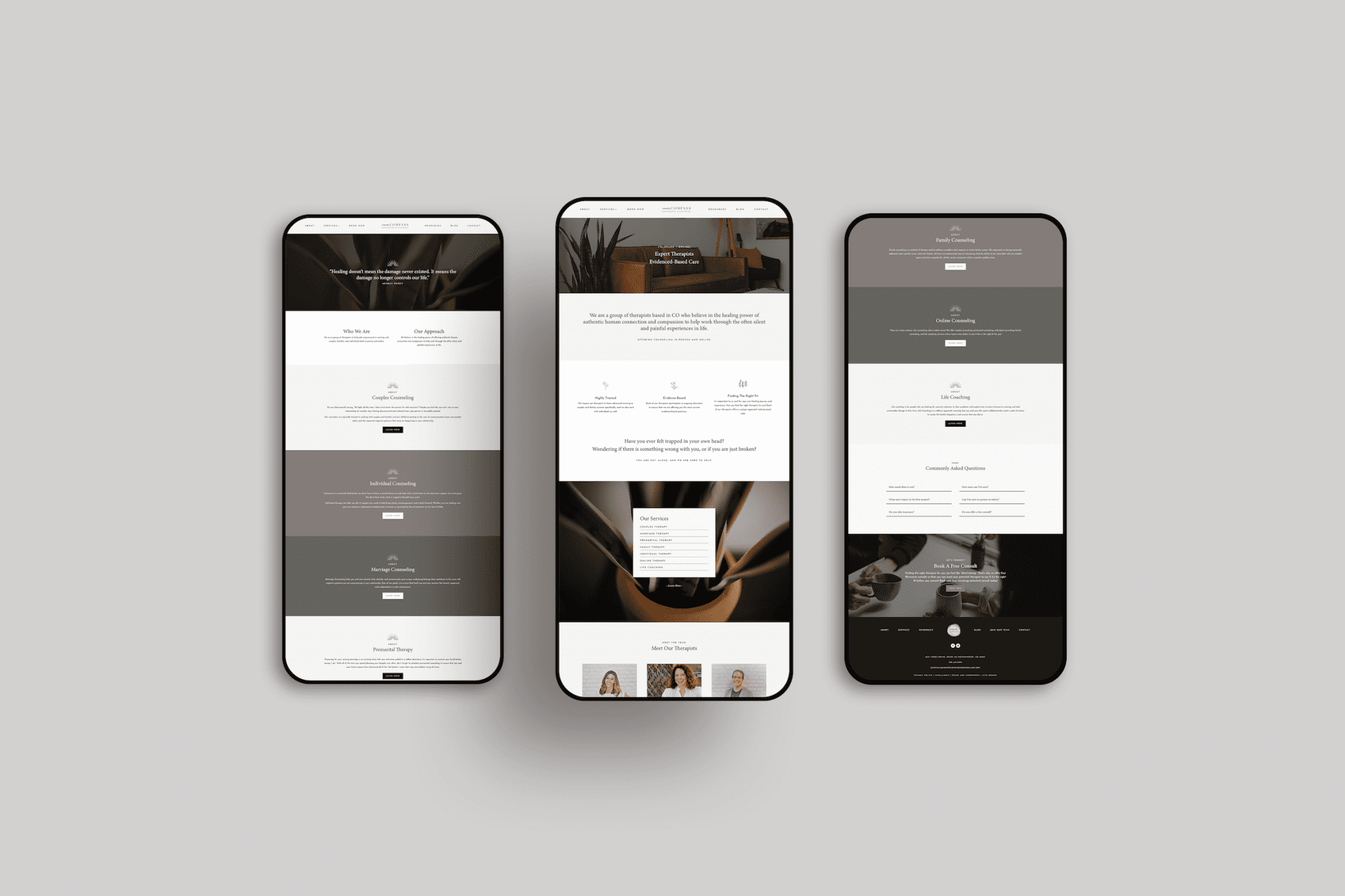 See the homepage design for Inner Compass Counseling’s new website, featuring a warm, welcoming aesthetic and easy navigation for potential clients.