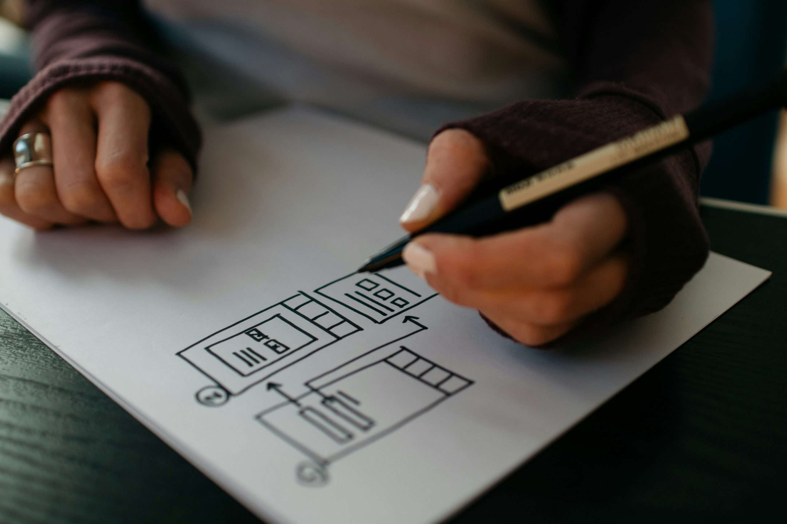 A woman designing a website wireframe drawing by hand