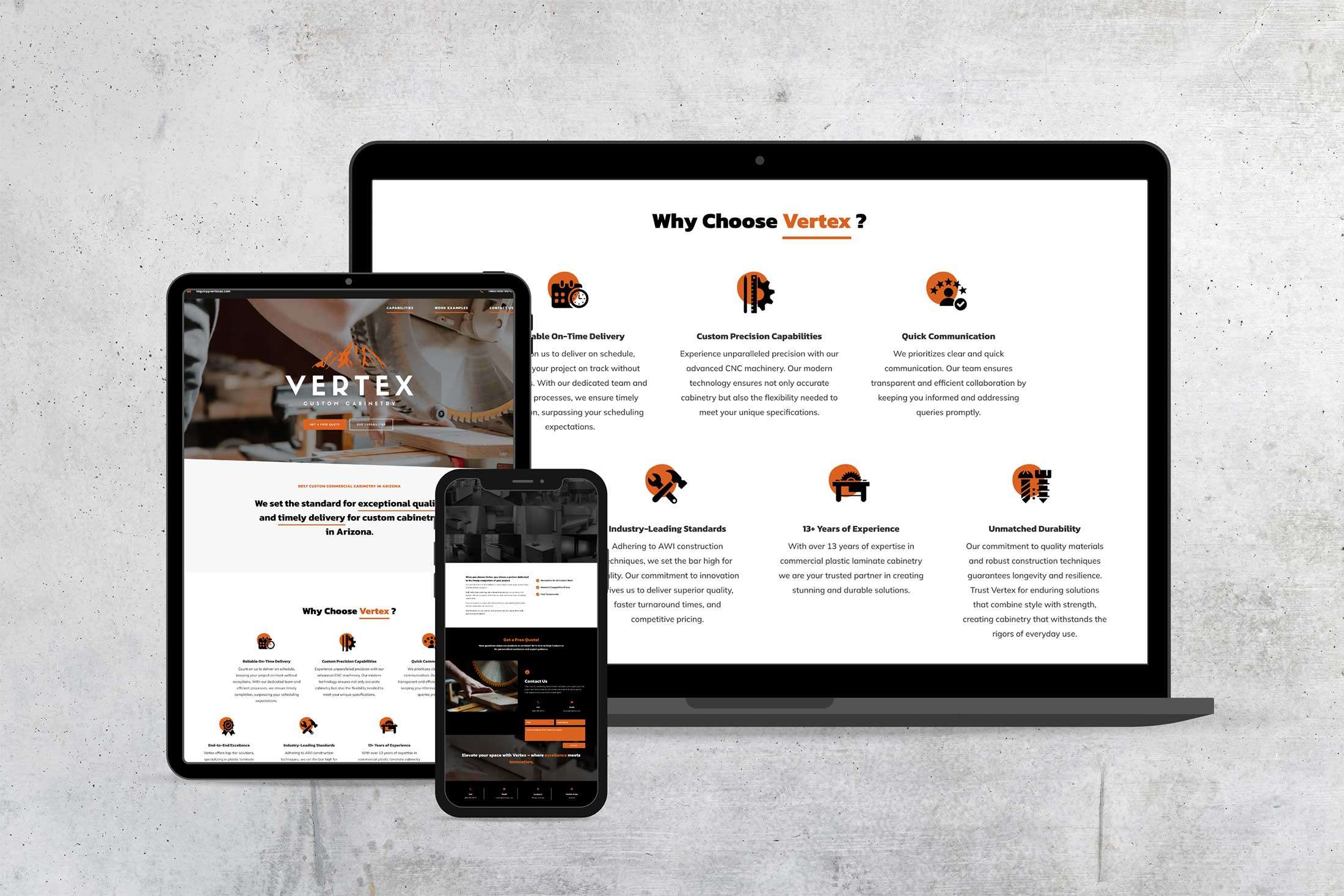 Client Showcase: Vertex Custom Cabinetry | Westco Web Design custom website design mockup
